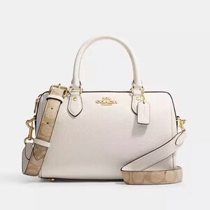 COACH Rowan Satchel with Signature Canvas Strap (Gold and White Chalk)